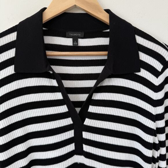 Talbots Size L Ribbed Knit Johnny Collar Pullover Mariner Stripe Top Black White - Picture 3 of 7